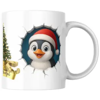 kubek z nadrukiem, z świątecznym zimowym pingwinkiem, świąteczny kubek z imieniem
