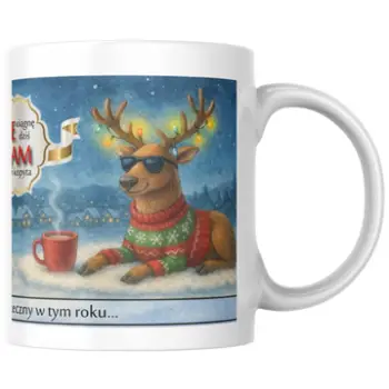 Kubek świąteczny z reniferem leżącym| haftonline.pl - personalizowany tekst